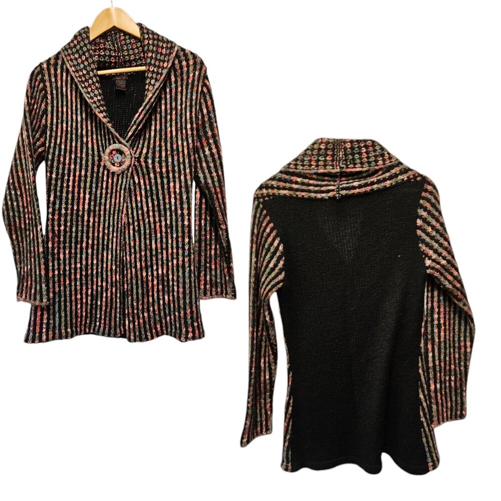 ALISON SHERI Cardigan Black Pink Fuzzy One Button S/P Crochet Boho